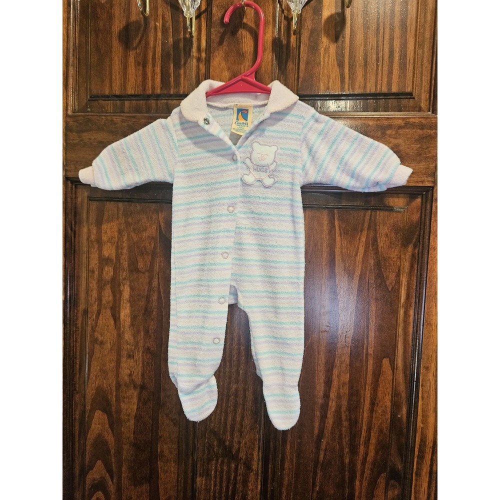 Carter's Vintage Baby Girl Terry Cloth Footed Pajamas Bear Pastel Stripe 0-3M